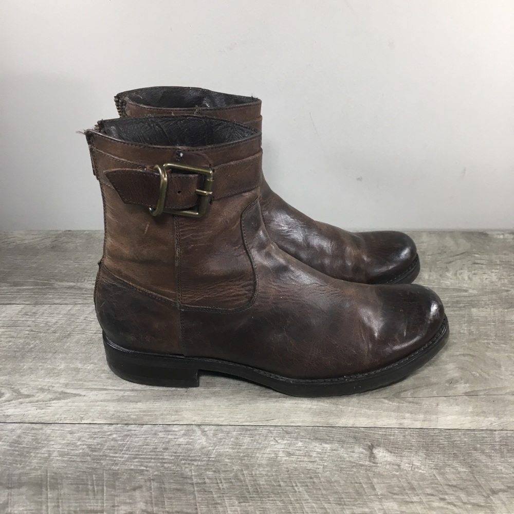 Women's Frye Veronica Strap Short Zip Brown Leather Moto Booties Boots Size 10